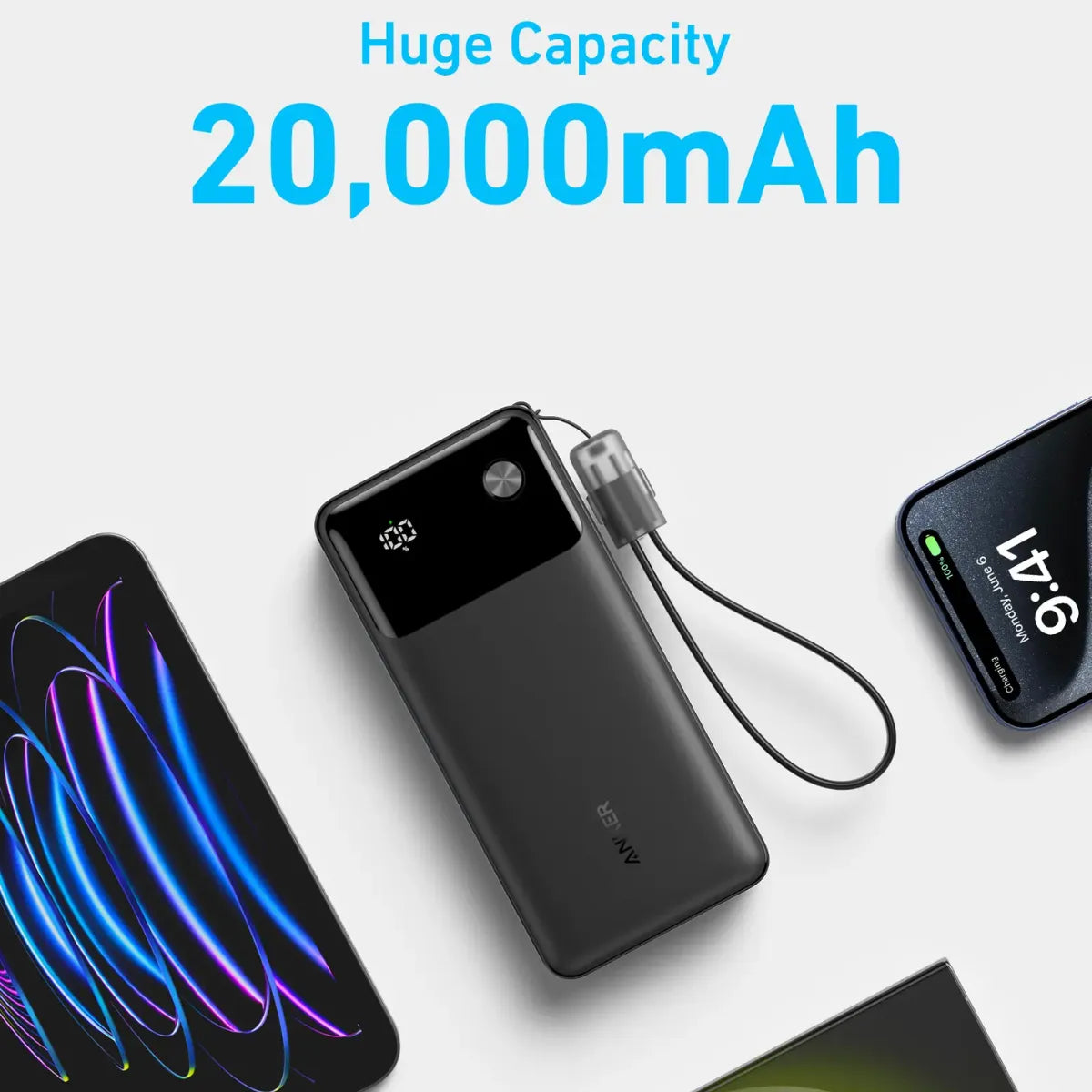 Anker PowerCore | 20000mAh, 30W with Built-In USB-C Cable Lanyard Power Bank Neo Tech