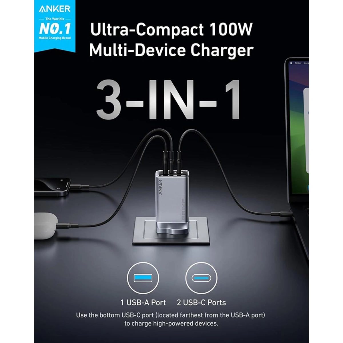 Anker Prime 100W GaN Charger | 3 Ports, USB-C & USB-A)