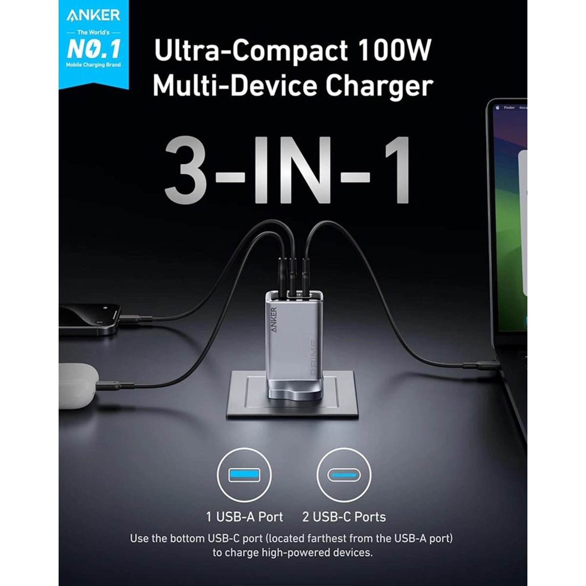 Anker Prime 100W GaN Charger | 3 Ports, USB-C & USB-A) Kenya