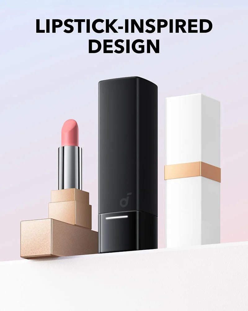 Anker Soundcore A30i Noise Cancelling Earbuds – TWS, Bluetooth 5.3 – Blue / Black / White - Neo Tech AccessoriesLipstick with a Anker Soundcore A30i black case and pink cap on a light background, labeled 'Lipstick - Inspired Design'.