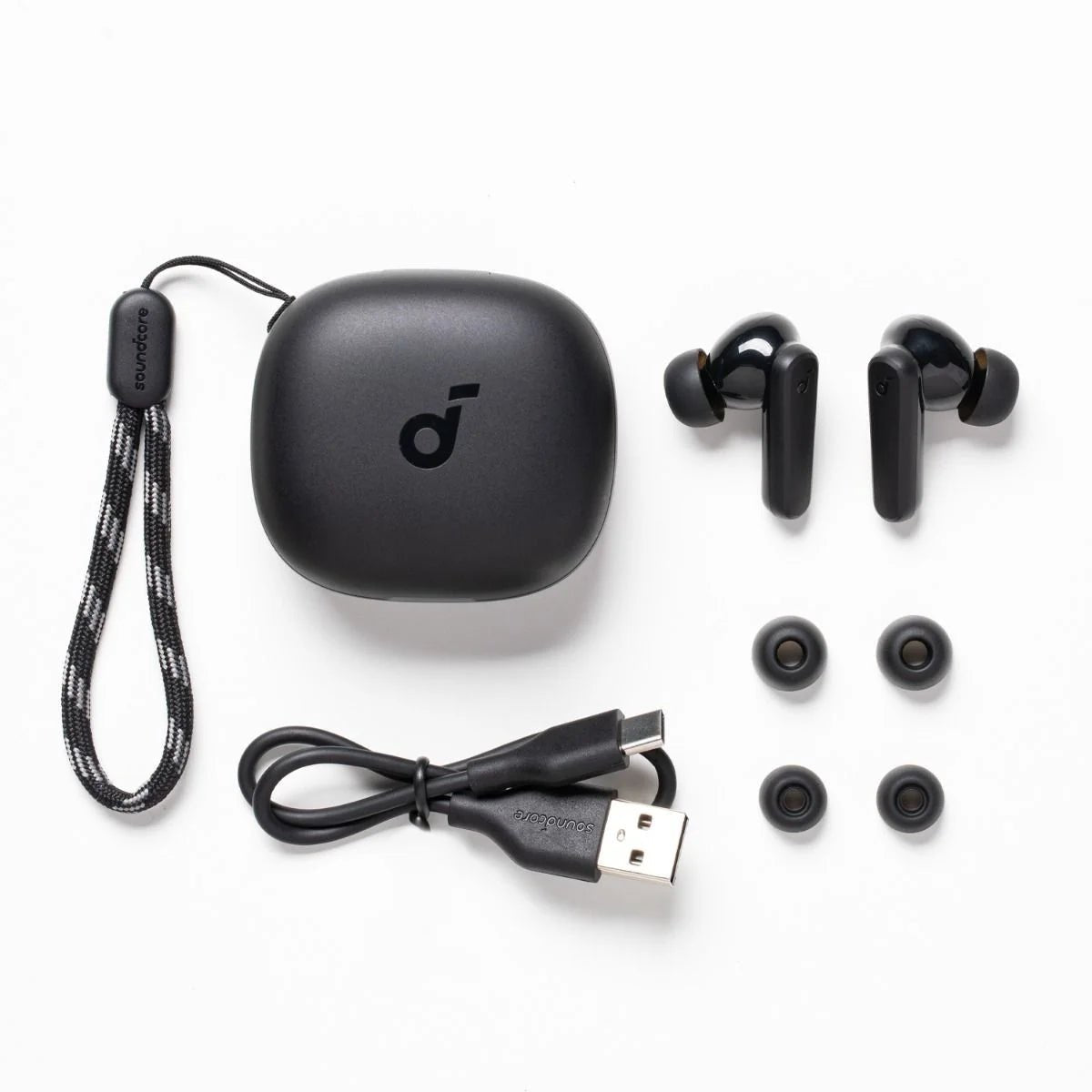 Anker Soundcore P25i True Wireless Earbuds – Extra Bass, 30H Playtime, Bluetooth – Black - Neo Tech AccessoriesAnker Soundcore P25i earbuds with charging case, USB cable, and ear tips on a white background
