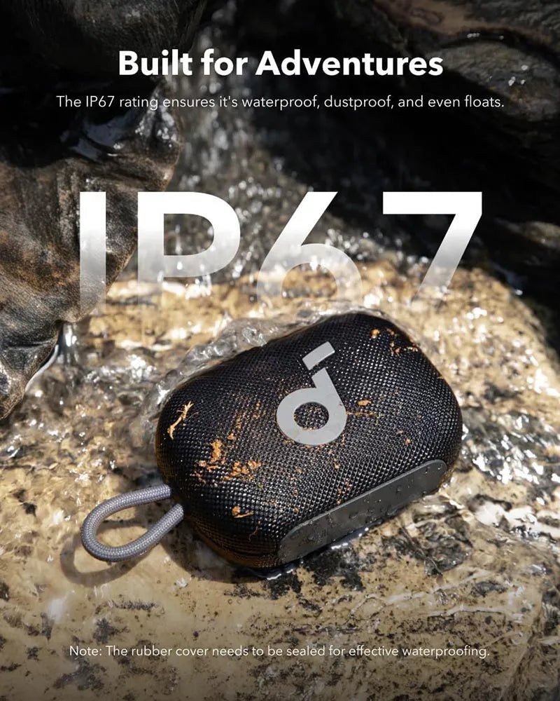 Anker Soundcore Select 4 Go Bluetooth Speaker – 5W Punchy Sound, 20H Playtime, IP67 Waterproof & Floating - Neo Tech AccessoriesBlack Anker Soundcore Select 4 Go Bluetooth Speaker with IP67 rating on a rocky surface