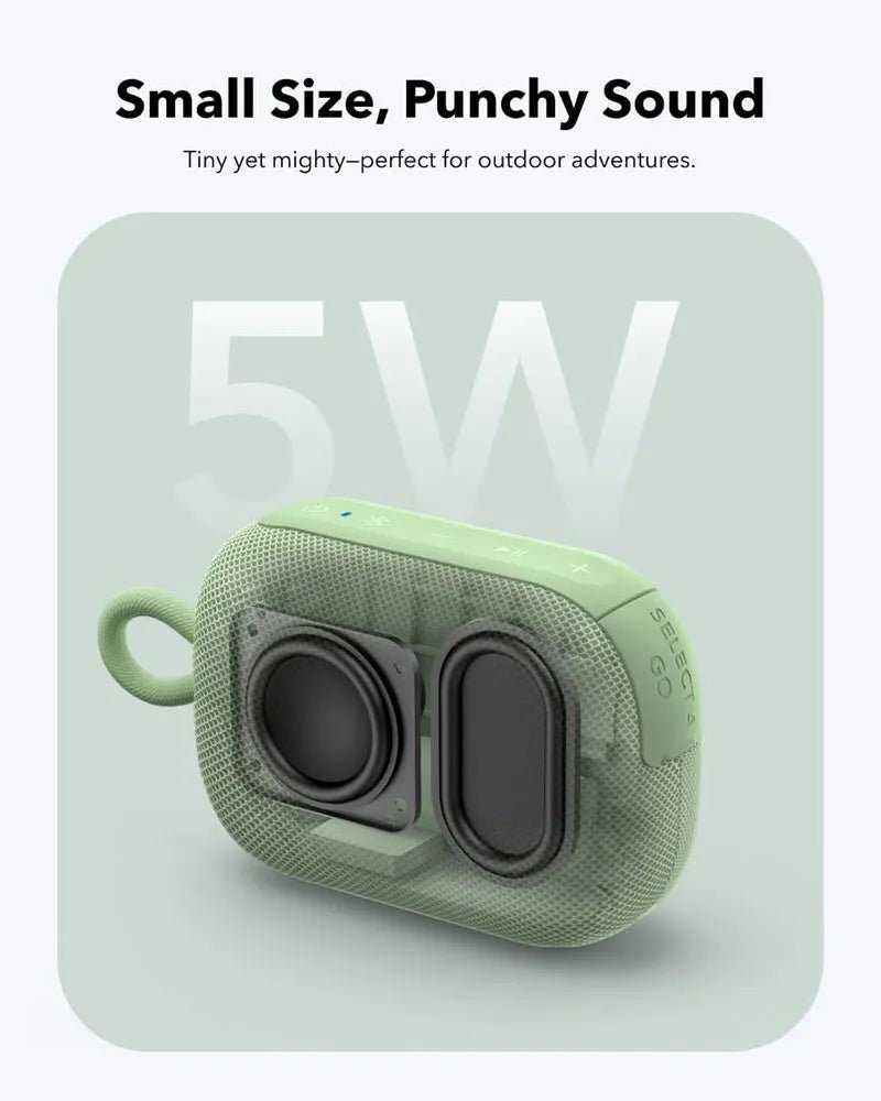 Anker Soundcore Select 4 Go Bluetooth Speaker – 5W Punchy Sound, 20H Playtime, IP67 Waterproof & Floating - Neo Tech AccessoriesGreen Anker Soundcore Select 4 Go Bluetooth Speaker with '5W' rating on a light gray background