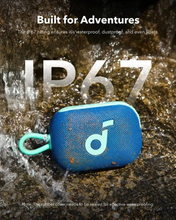 Anker Soundcore Select 4 Go Bluetooth Speaker – 5W Punchy Sound, 20H Playtime, IP67 Waterproof & Floating - Neo Tech AccessoriesBlue Anker Soundcore Select 4 Go Bluetooth Speaker with IP67 rating text on a water background