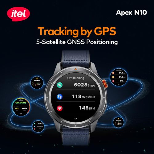 itel Apex N10 Smartwatch – 1.43" AMOLED, Gorilla Glass, GPS Tracking, Bluetooth Calling, 5ATM Waterproof - Neo Tech AccessoriesItel Apex N10 smartwatch with GPS tracking features on a dark background