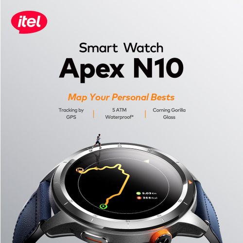 itel Apex N10 Smartwatch – 1.43" AMOLED, Gorilla Glass, GPS Tracking, Bluetooth Calling, 5ATM Waterproof - Neo Tech Accessoriesitel Smart Watch Apex N10 with features listed on a gray background
