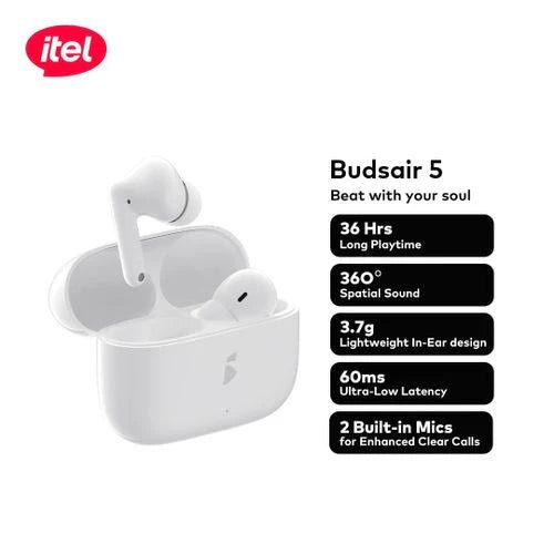 itel BudsAir 5 In - Ear, Deep Bass, 36H Playtime, AI Noise Cancellation True Wireless Earbuds - Neo Tech AccessoriesWhite itel BudsAir 5 wireless earbuds with charging case on a white background, featuring itel branding and product specifications.