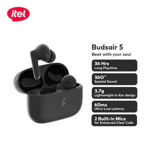 itel BudsAir 5 In - Ear, Deep Bass, 36H Playtime, AI Noise Cancellation True Wireless Earbuds - Neo Tech AccessoriesBlack itel BudsAir 5 wireless earbuds with charging case on a white background, featuring itel branding and product specifications.