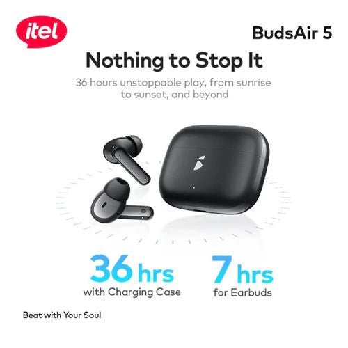 itel BudsAir 5 In - Ear, Deep Bass, 36H Playtime, AI Noise Cancellation True Wireless Earbuds - Neo Tech AccessoriesItel BudsAir 5 wireless earbuds with charging case on a white background