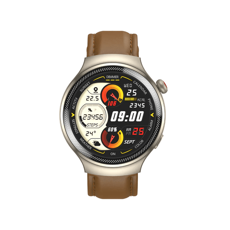itel Edge R1 Pro Smartwatch – ISW - O43, 1.43" AMOLED Display, Fast Charging, Bluetooth Calling, IP68 Waterproof - Neo Tech Accessoriesitel Edge R1 Pro ISW - O43 Smartwatch with a brown leather strap on a white background