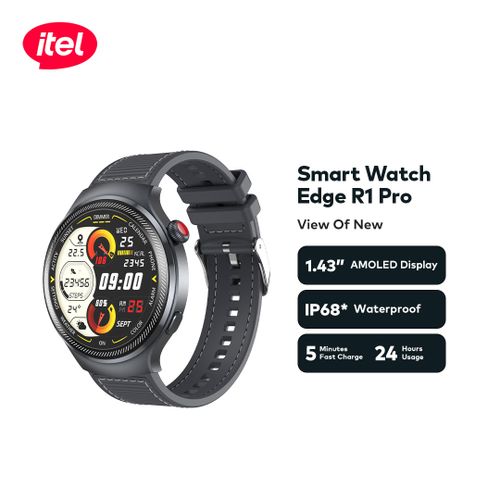 itel Edge R1 Pro Smartwatch – ISW - O43, 1.43" AMOLED Display, Fast Charging, Bluetooth Calling, IP68 Waterproof - Neo Tech AccessoriesItel Smart Watch Edge R1 Pro on a white background with product features displayed.