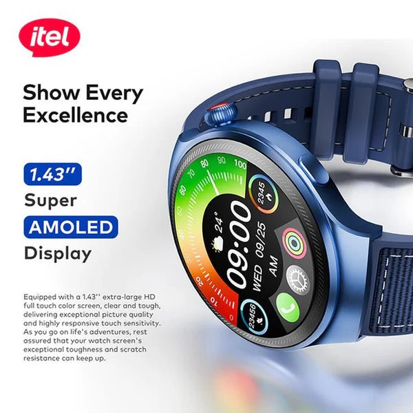itel Edge R1 Pro Smartwatch – ISW - O43, 1.43" AMOLED Display, Fast Charging, Bluetooth Calling, IP68 Waterproof - Neo Tech Accessoriesitel Edge R1 Pro ISW - O43 Blue smartwatch with a colorful display on a white background, featuring the Itel brand.