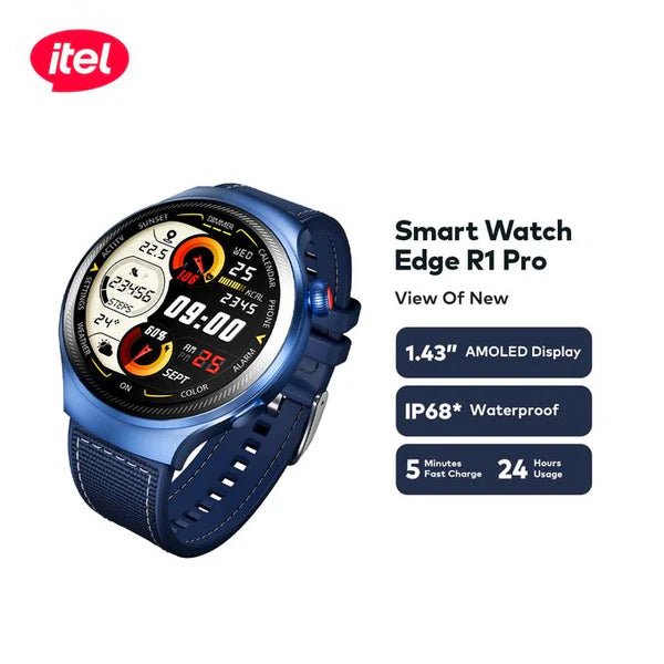itel Edge R1 Pro Smartwatch – ISW - O43, 1.43" AMOLED Display, Fast Charging, Bluetooth Calling, IP68 Waterproof - Neo Tech Accessoriesitel Smart Watch Edge R1 Pro with features displayed on a white background