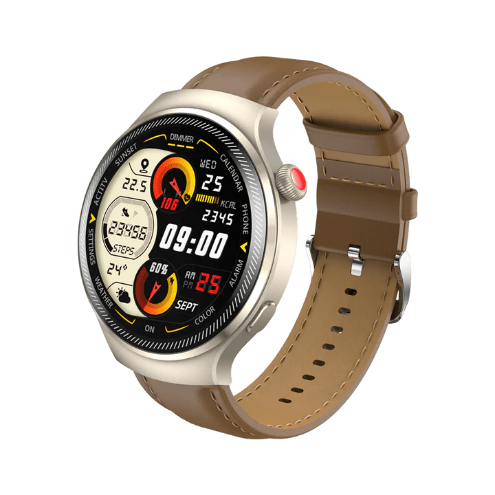 itel Edge R1 Pro Smartwatch – ISW - O43, 1.43" AMOLED Display, Fast Charging, Bluetooth Calling, IP68 Waterproof - Neo Tech Accessoriesitel Edge R1 Pro ISW - O43 Smartwatch with a brown leather strap on a white background