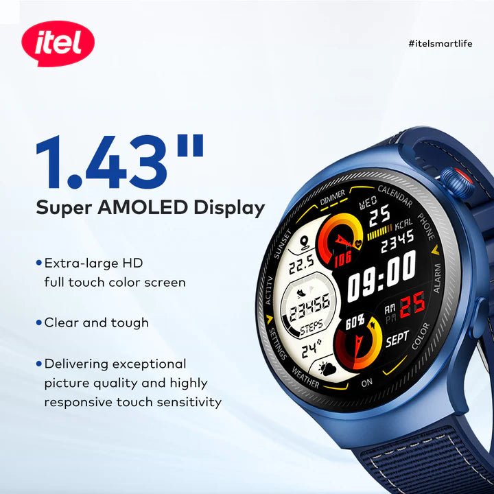 itel Edge R1 Pro Smartwatch – ISW - O43, 1.43" AMOLED Display, Fast Charging, Bluetooth Calling, IP68 Waterproof - Neo Tech Accessoriesitel Edge R1 Pro ISW - O43 Smartwatch with 1.43" Super AMOLED display and itel branding on a light gray background