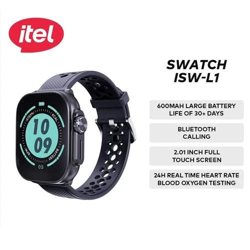 itel ISW - L1 Lux L1 Smartwatch – 2.01" HD+ Display, Scratch & Waterproof, AI Assistant, 30 - Day Battery Life - Neo Tech Accessoriesitel ISW - L1 Lux L1 Smartwatch with features listed on a white background