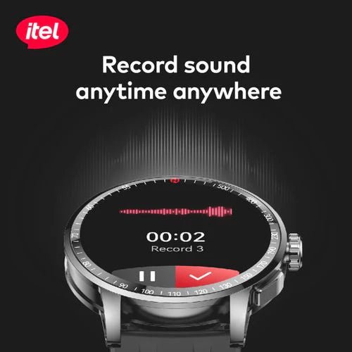 itel Smart Watch Horizon - N8 + TWS BudsAir 3 Earbuds – 1.43" AMOLED, Bluetooth Calling, 60Hz Display, 20H Playback - Neo Tech Accessoriesitel Smart Watch Horizon - N8 Smartwatch with sound recording app interface on a black background, featuring the itel brand.