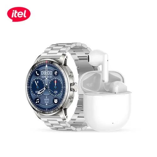 itel Smart Watch Horizon - N8 + TWS BudsAir 3 Earbuds – 1.43" AMOLED, Bluetooth Calling, 60Hz Display, 20H Playback - Neo Tech Accessoriesitel Smart Watch Horizon - N8 Silver smartwatch and white earbuds with itel logo on a white background