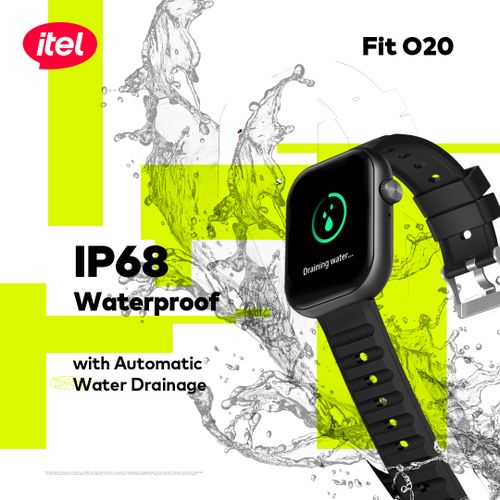 itel Smartwatch Fit O20 (2.04" HD) – AI Watch Faces, IP68 Waterproof, Bluetooth Calls, with Extra Strap (ISW - O20) - Neo Tech AccessoriesItel Fit O20 smartwatch with water droplets and IP68 text on a colorful background