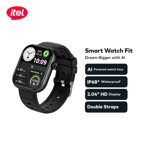 itel Smartwatch Fit O20 (2.04" HD) – AI Watch Faces, IP68 Waterproof, Bluetooth Calls, with Extra Strap (ISW - O20) - Neo Tech AccessoriesItel smartwatch Fit 020 with features listed on a white background