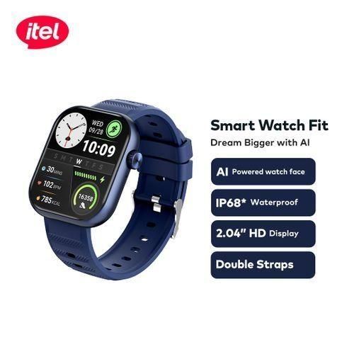 itel Smartwatch Fit O20 (2.04" HD) – AI Watch Faces, IP68 Waterproof, Bluetooth Calls, with Extra Strap (ISW - O20) - Neo Tech AccessoriesBlue Itel Smart Watch Fit with features listed on a white background