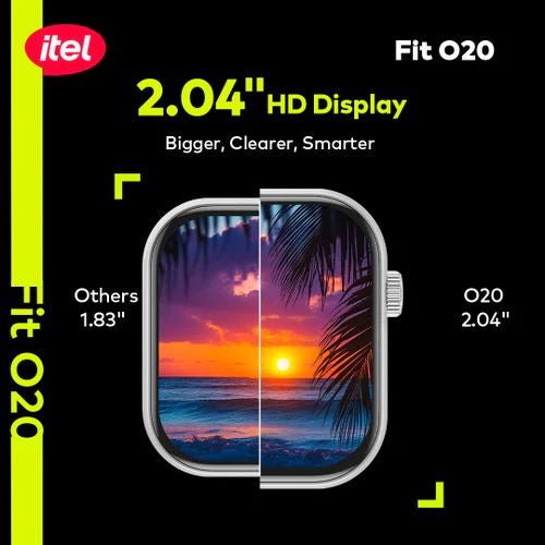 itel Smartwatch Fit O20 (2.04" HD) – AI Watch Faces, IP68 Waterproof, Bluetooth Calls, with Extra Strap (ISW - O20) - Neo Tech AccessoriesAdvertisement for itel Fit O20 phone with sunset display comparison