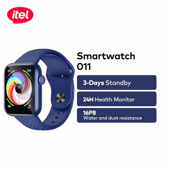 itel Smartwatch O11 Native Storm (Itel Sones) – 1.83" IPS Display, 3 - Day Standby, 24H Health Monitoring, Voice Assistant - Neo Tech AccessoriesBlue itel Smartwatch O11 Native Storm (ITEL SONES) smartwatch with features listed on a white background, featuring the Itel brand.