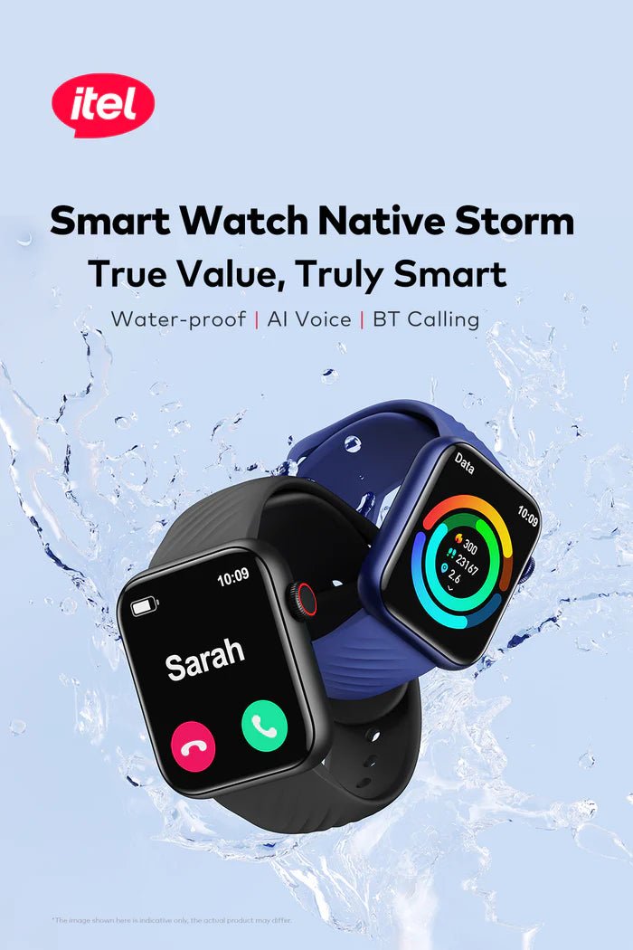 itel Smartwatch O11 Native Storm (Itel Sones) – 1.83" IPS Display, 3 - Day Standby, 24H Health Monitoring, Voice Assistant - Neo Tech AccessoriesTwo itel Smartwatch O11 Native Storm (ITEL SONES) smart watches with colorful displays on a light blue background, featuring the Itel brand.