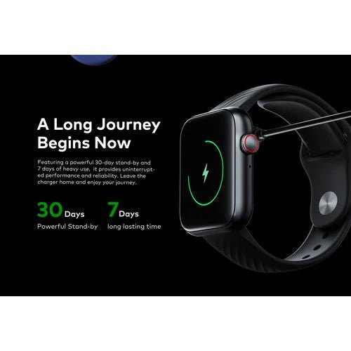 itel Smartwatch O11 Native Storm (Itel Sones) – 1.83" IPS Display, 3 - Day Standby, 24H Health Monitoring, Voice Assistant - Neo Tech Accessoriesitel Smartwatch O11 Native Storm (ITEL SONES) Smartwatch with charging cable on a black background, featuring text about battery life.