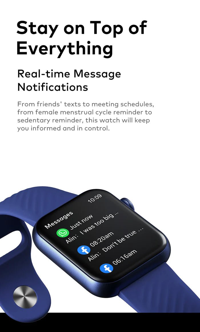 itel Smartwatch O11 Native Storm (Itel Sones) – 1.83" IPS Display, 3 - Day Standby, 24H Health Monitoring, Voice Assistant - Neo Tech Accessoriesitel Smartwatch O11 Native Storm (ITEL SONES) Smartwatch with blue band displaying message notifications on a white background