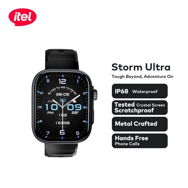 itel Smartwatch O23 Storm Ultra – 2.02" HD Display, Scratchproof Crystal Screen, Bluetooth Calls, IP68 Waterproof - Neo Tech AccessoriesItel Storm Ultra smartwatch with features listed on a white background
