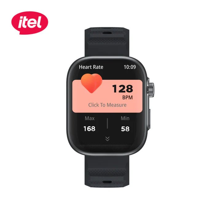 itel Smartwatch O23 Storm Ultra – 2.02" HD Display, Scratchproof Crystal Screen, Bluetooth Calls, IP68 Waterproof - Neo Tech Accessoriesitel Storm Ultra Black smartwatch displaying heart rate information with itel logo on a white background