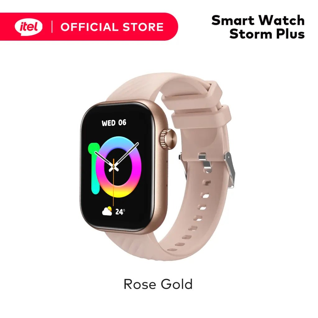 itel Storm Plus SmartWatch ISW - 015 – 2.01" HD Display, IP68 Waterproof, Bluetooth Calling, AI Voice Assistant, 100+ Sports Modes - Neo Tech AccessoriesRose gold itel Storm Plus SmartWatch ISW - 015 smart watch with 'itel' branding on a white background