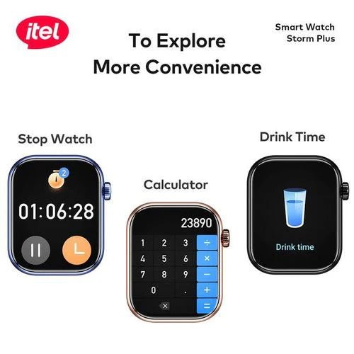 itel Storm Plus SmartWatch ISW - 015 – 2.01" HD Display, IP68 Waterproof, Bluetooth Calling, AI Voice Assistant, 100+ Sports Modes - Neo Tech AccessoriesItel itel Storm Plus SmartWatch ISW - 015 with stop watch, calculator, and drink time features on a white background.
