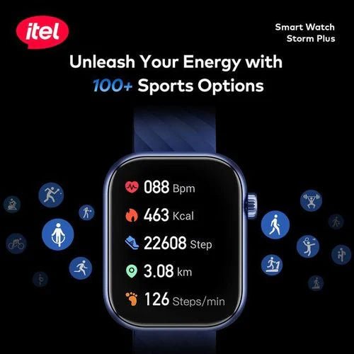 itel Storm Plus SmartWatch ISW - 015 – 2.01" HD Display, IP68 Waterproof, Bluetooth Calling, AI Voice Assistant, 100+ Sports Modes - Neo Tech AccessoriesItel itel Storm Plus SmartWatch ISW - 015 with fitness stats on a black background, featuring the brand logo.