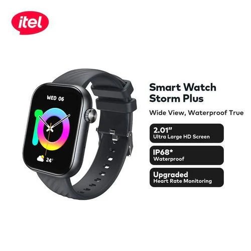 itel Storm Plus SmartWatch ISW - 015 – 2.01" HD Display, IP68 Waterproof, Bluetooth Calling, AI Voice Assistant, 100+ Sports Modes - Neo Tech AccessoriesItel Smart Watch Storm Plus with features listed on a white background