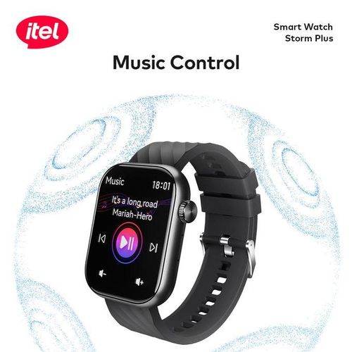 itel Storm Plus SmartWatch ISW - 015 – 2.01" HD Display, IP68 Waterproof, Bluetooth Calling, AI Voice Assistant, 100+ Sports Modes - Neo Tech AccessoriesItel Smart Watch Storm Plus with music control features on a white background
