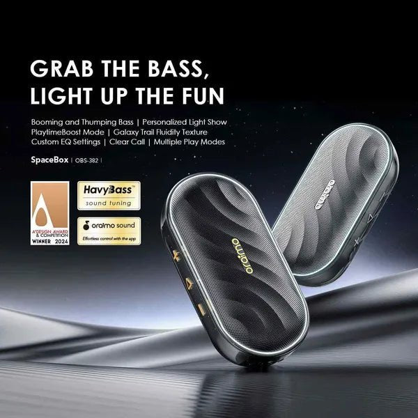 Oraimo SpaceBox 8W FM Wireless Speaker Upto 16 Hours Playtime - Neo Tech Accessoriesoraimo SpaceBox Portable speaker with branding and features on a dark background