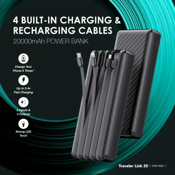 oraimo Traveler Link 20 (20000mAh, 12W with Multi Cables Power Bank