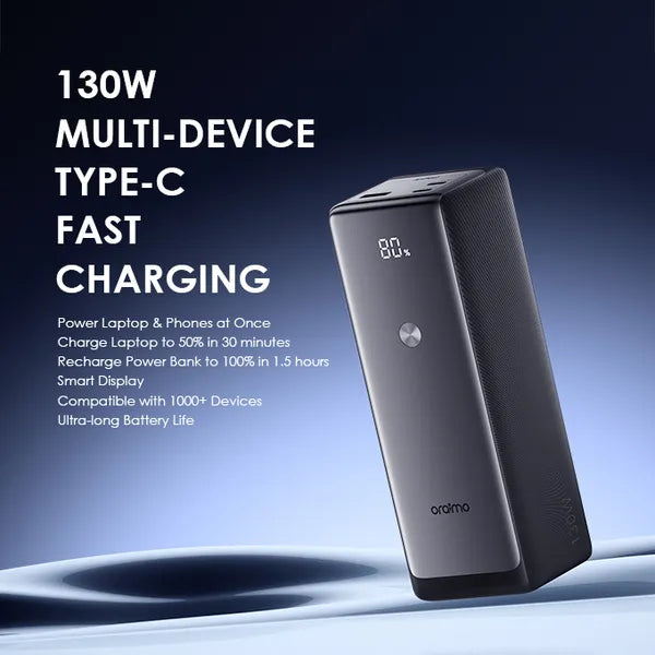 Oraimo PowerJet 130 power bank with charging text on a gradient background