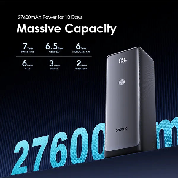 Oraimo PowerJet 130 power bank with capacity details on a dark background