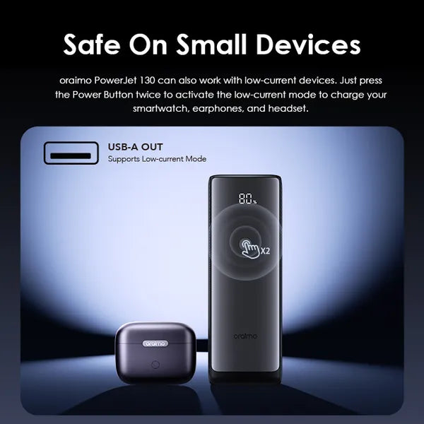 oraimo PowerJet 130 device with text about safe charging on small devices.