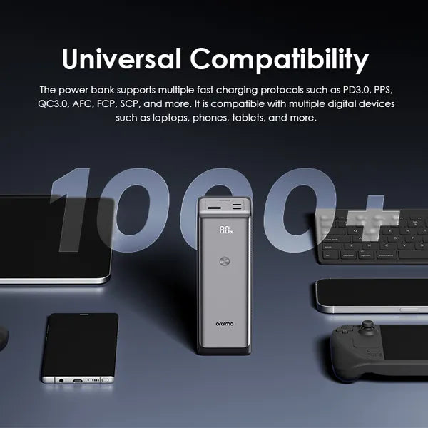 Oraimo PowerJet 130 Power bank with digital display on a dark surface with electronic devices, text about universal compatibility.