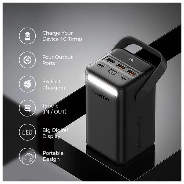 oraimo PowerBox 500 portable charger with features listed on a dark background