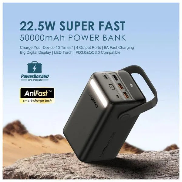 oraimo PowerBox 500 power bank with product details on a desert background