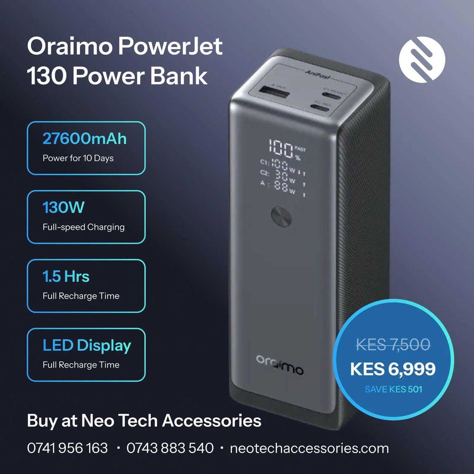 Oraimo PowerJet 130 power bank with specifications and pricing on a dark background