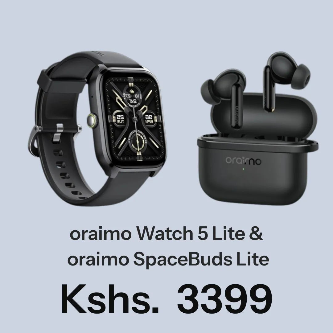 Black oraimo watch 5 Lite smartwatch and oraimo SpaceBuds Lite earbuds with 'oraimo' branding on a light blue background.