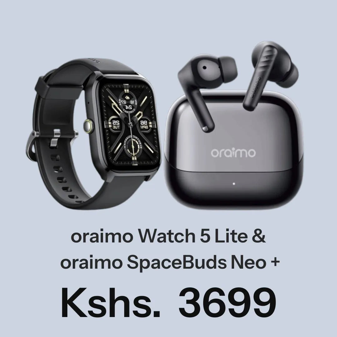 Oraimo Watch 5 Lite smartwatch with SpaceBuds Neo + (Neo Plus) earbuds bundle – Neotech Kenya special offer, fitness tracking, Bluetooth calling, and wireless audio accessories