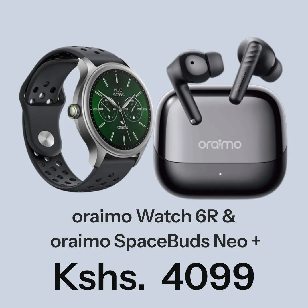 Oraimo Watch 6R and SpaceBuds Neo+ on a light blue background with price Kshs. 4099.