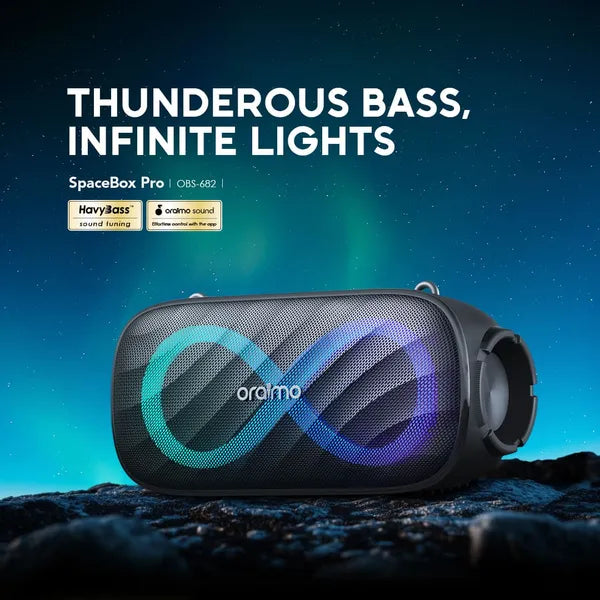 oraimo SpaceBox Pro speaker with Northern Lights in the background